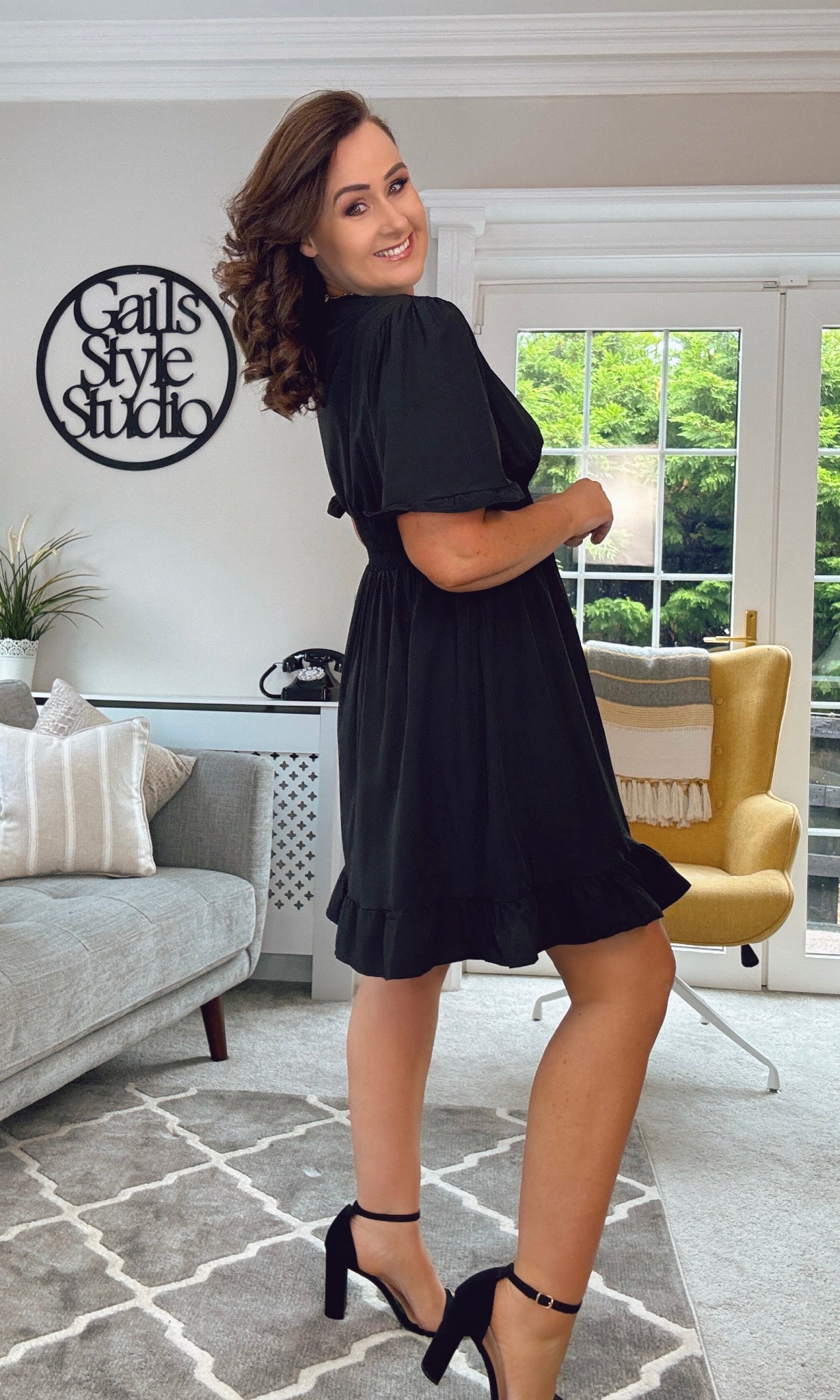 BLACK SMOCK WAIST SHORT FRILL DRESS