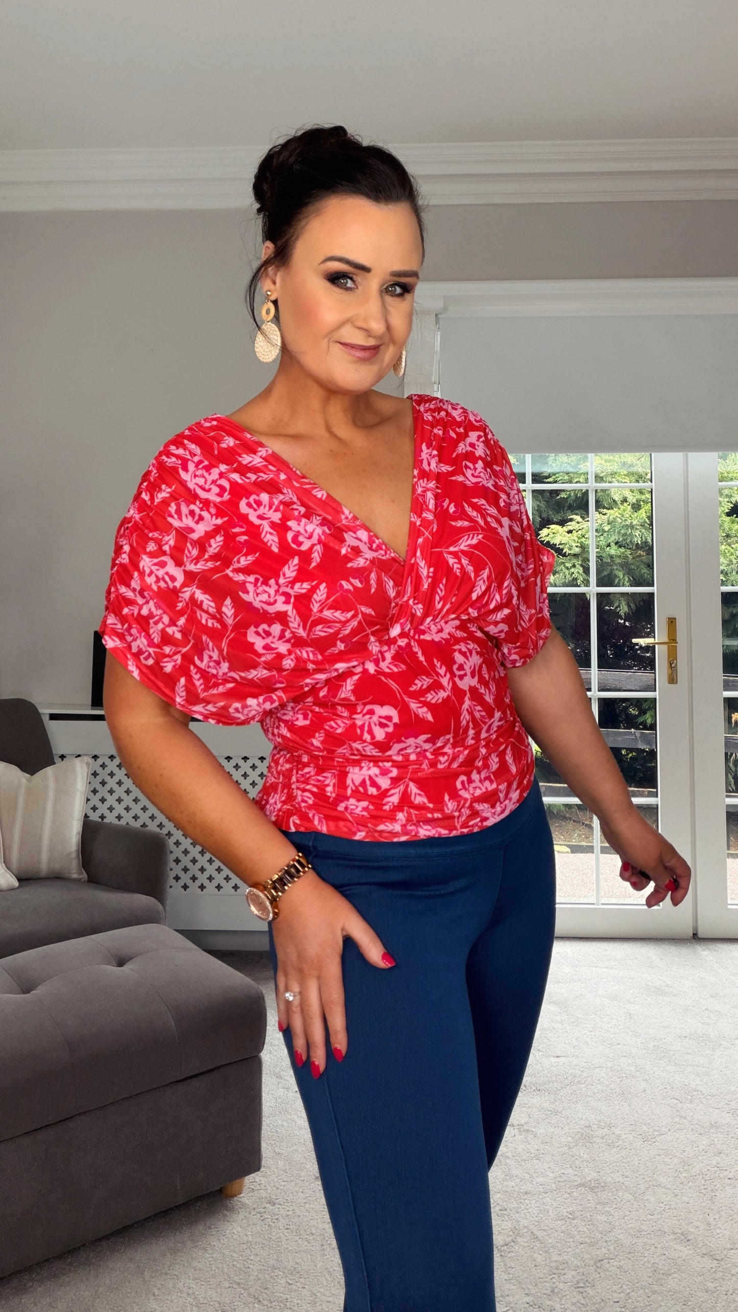 RED & PINK PATTERN GATHERED TOP