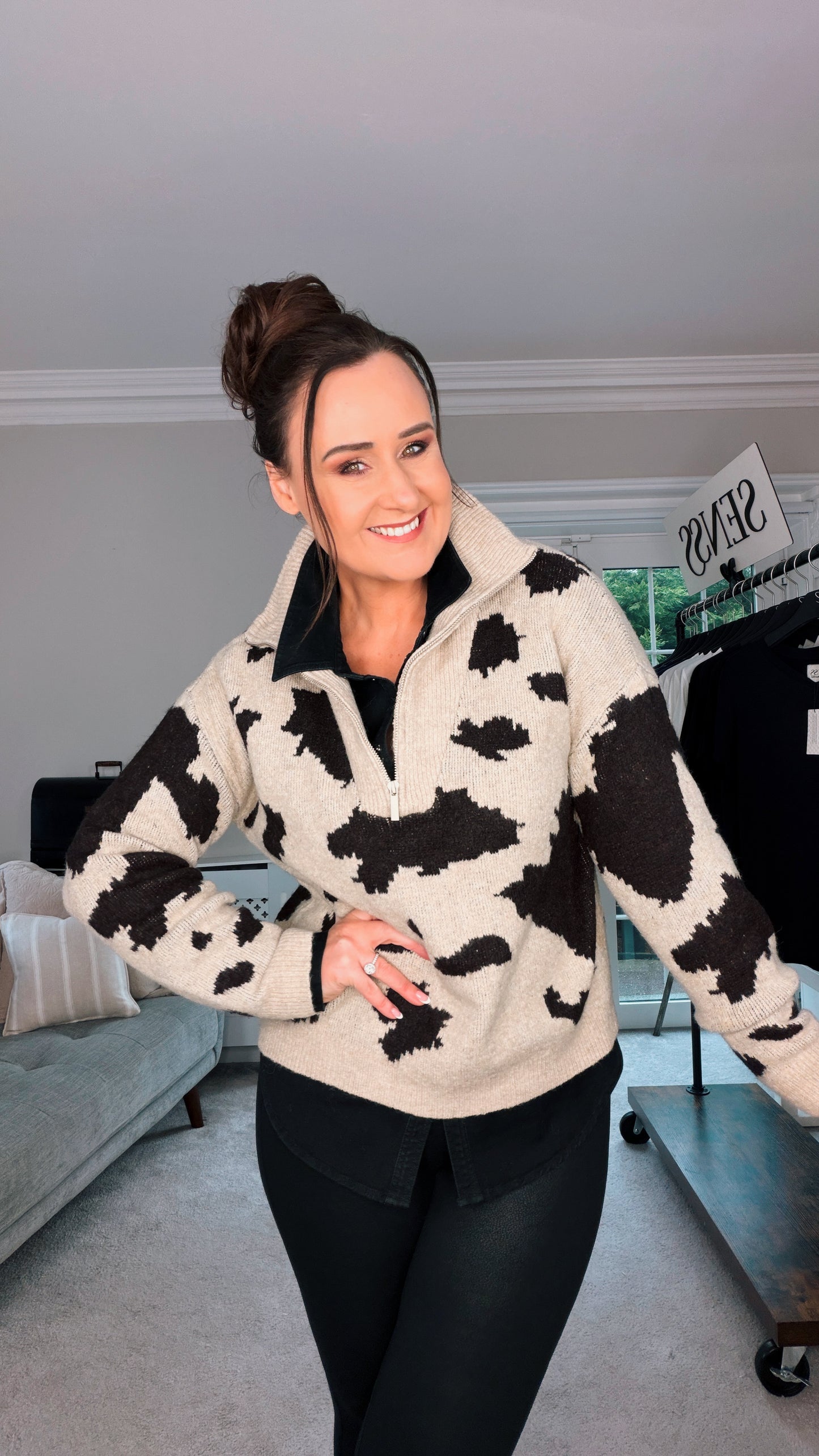 BEIGE ANIMAL PRINT HALF ZIP JUMPER