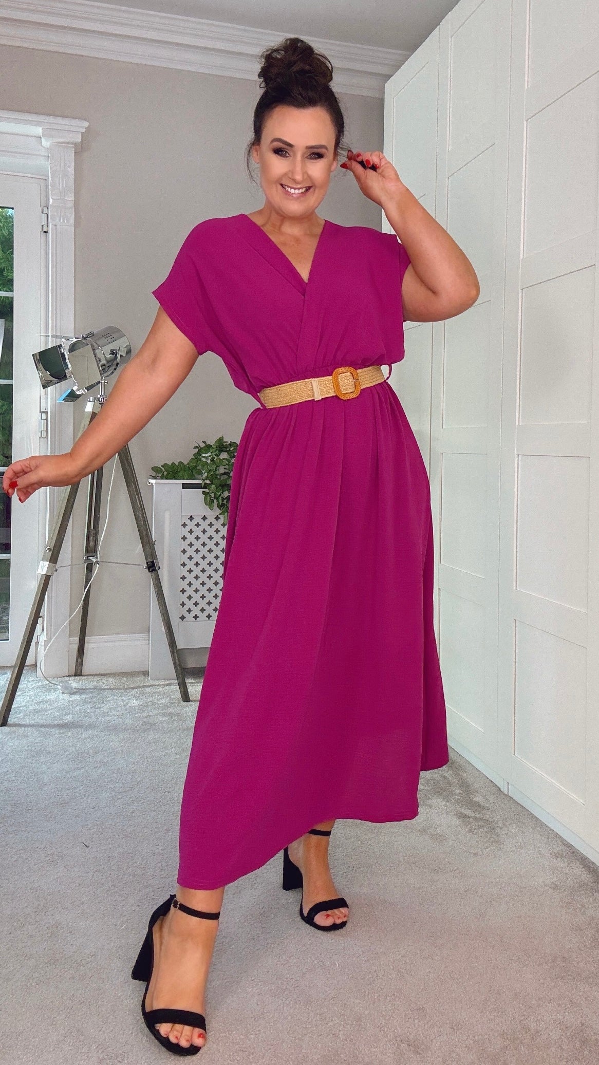 MAGENTA BATWING DRESS WITH WOVEN BELT