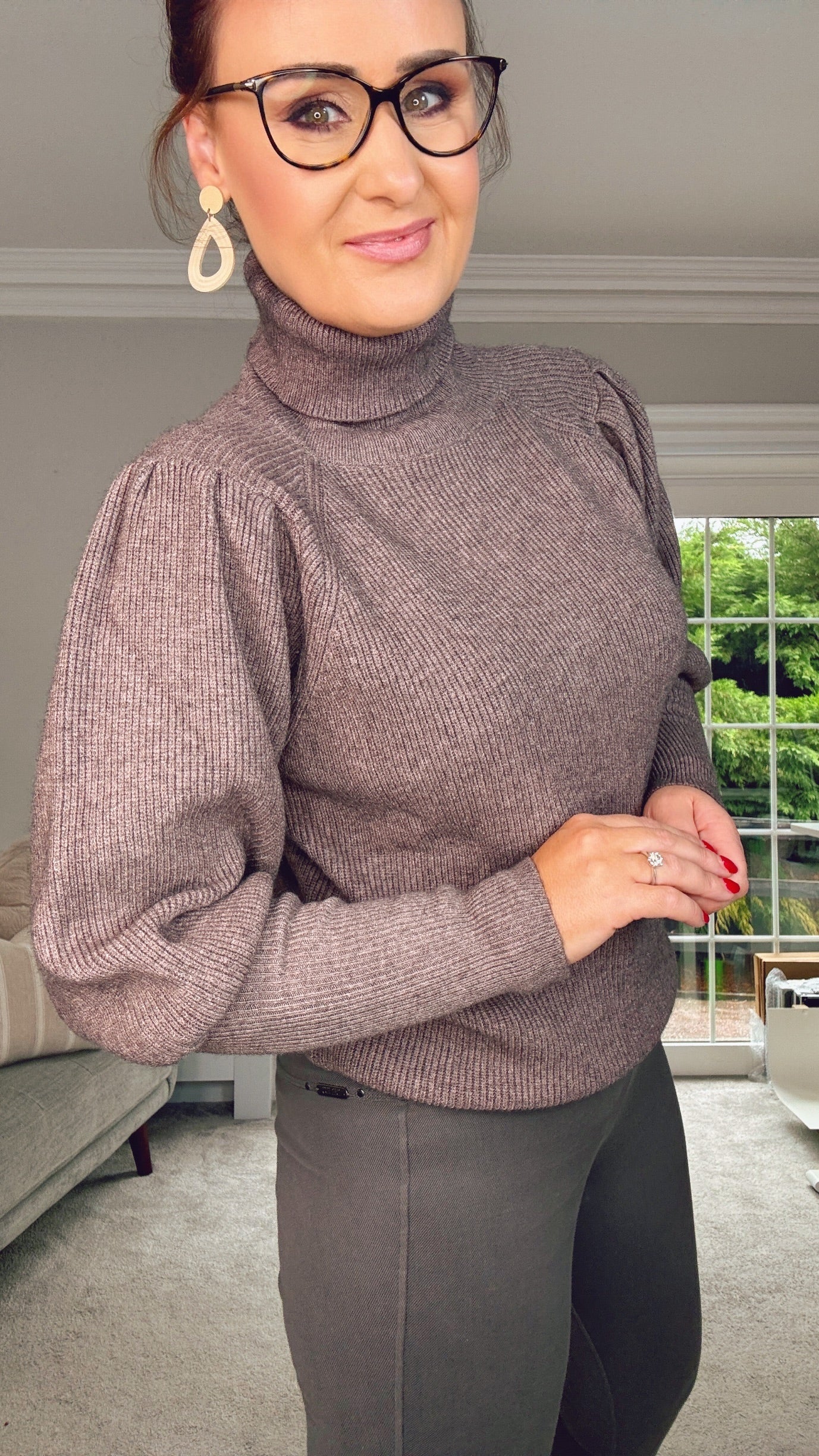 TAUPE BALOON SLEEVE POLONECK QUALITY KNIT JUMPER