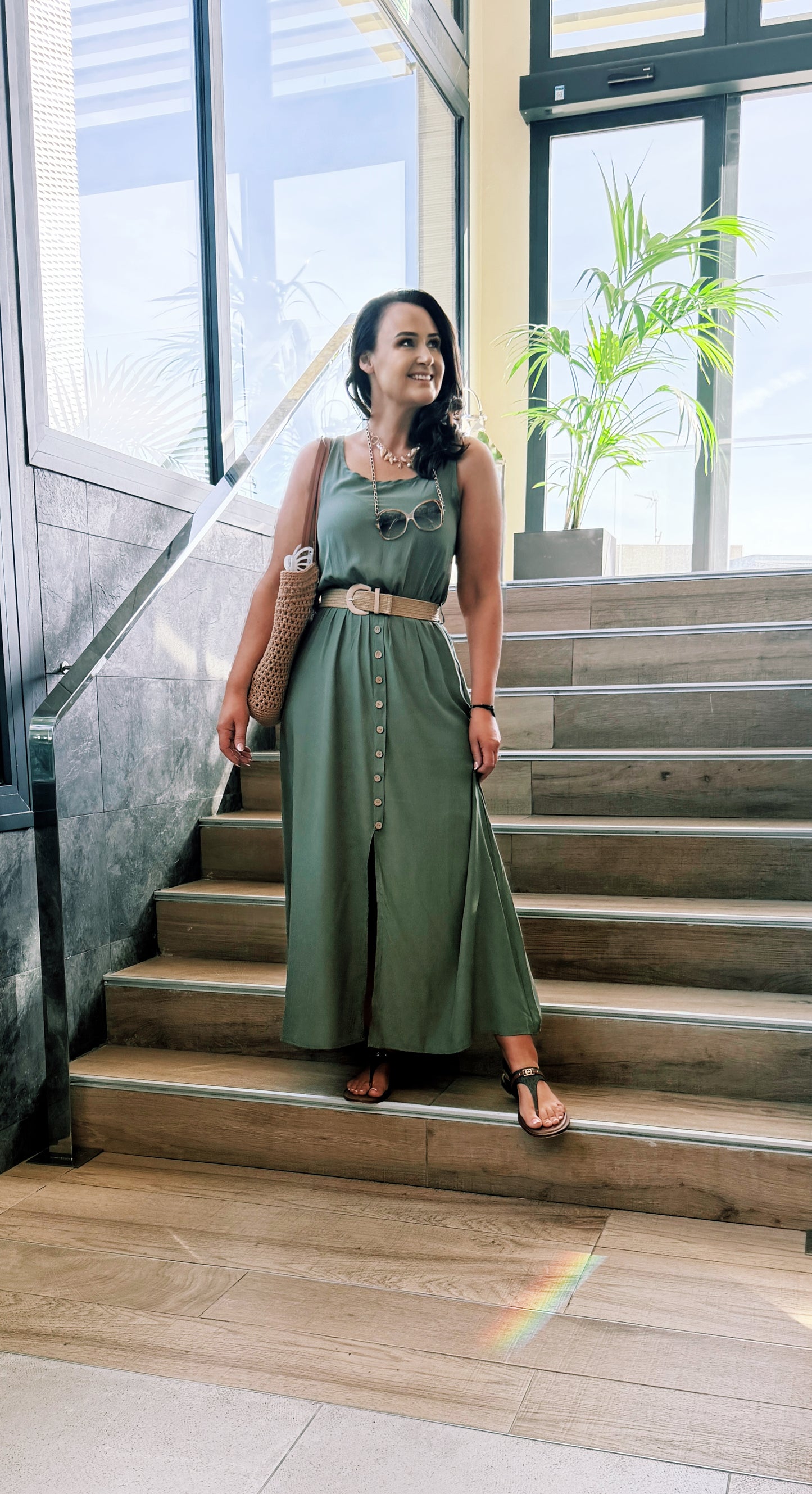 KHAKI BUTTON SUN DRESS with belt