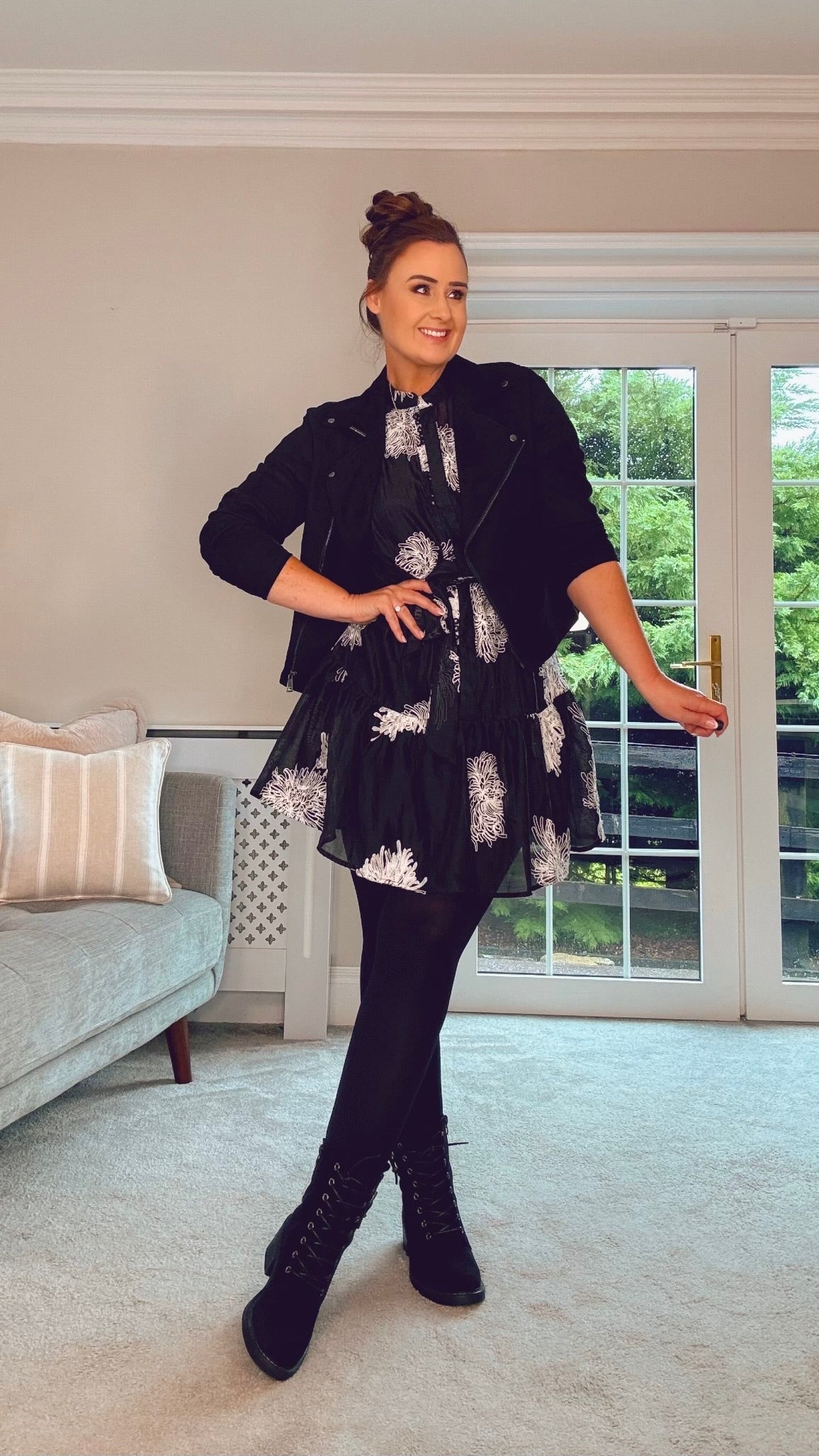 BLACK DRESS with EMBROIDERED WHITE DETAIL