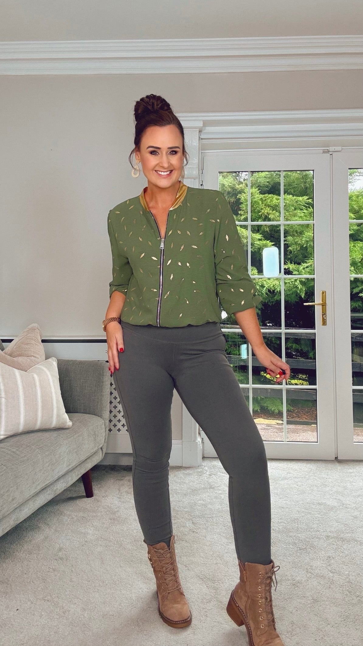 KHAKI BOMBER with Gold Leaf Pattern