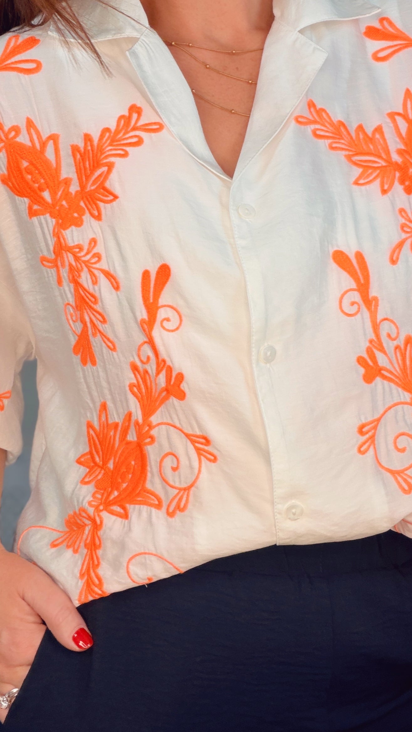 PREMIUM RAYON WHITE BLOUSE with ORANGE EMBROIBERY