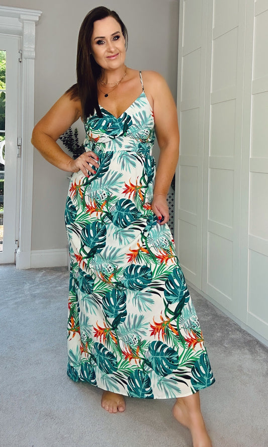 Cream Tropical Print Maxi Dress