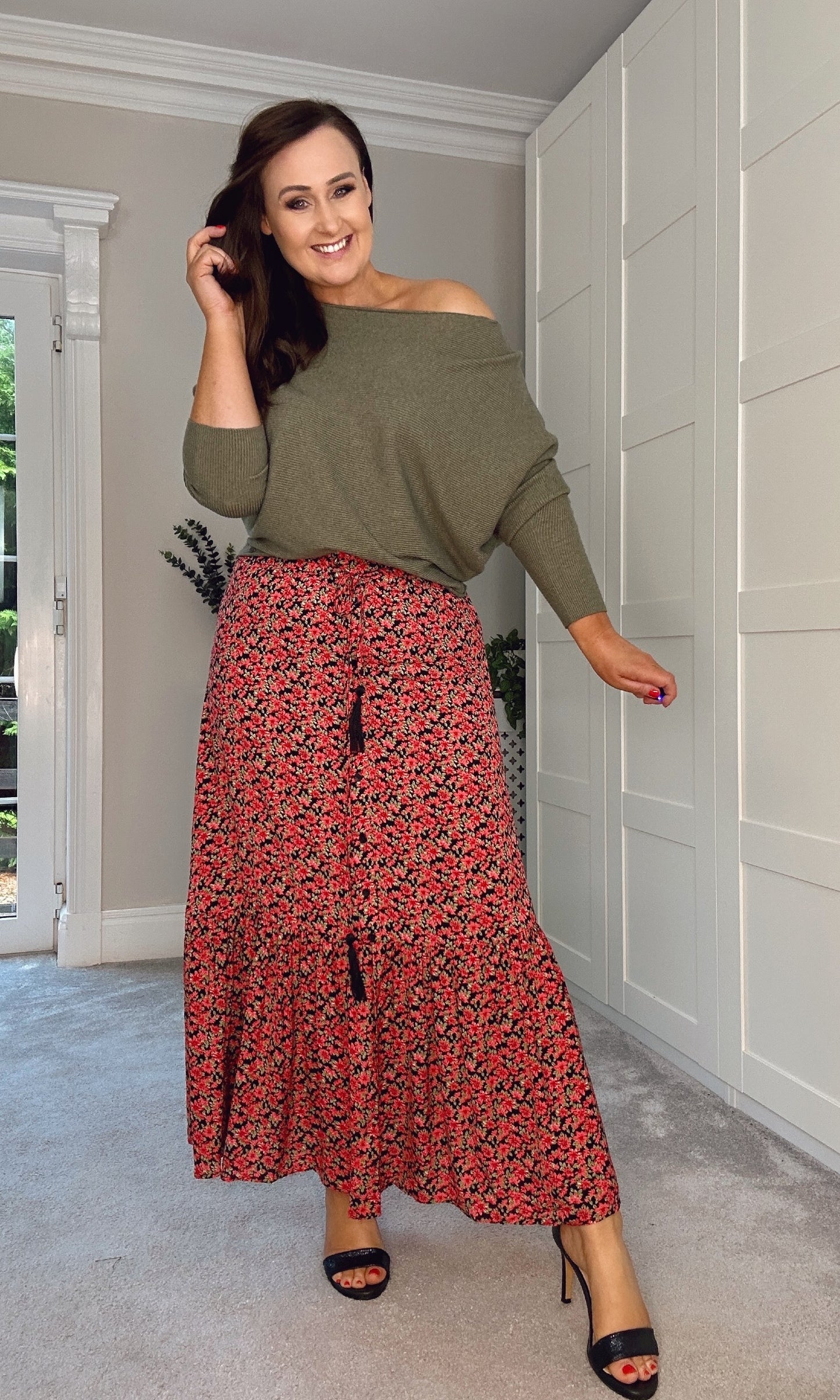 RED FLORAL BOHO STYLE MAXI SKIRT