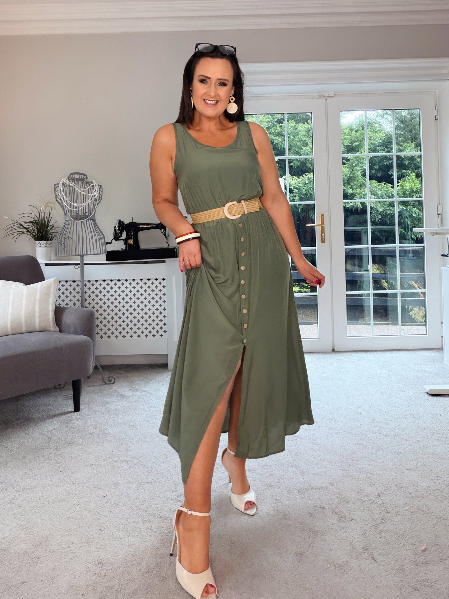 KHAKI BUTTON SUN DRESS with belt