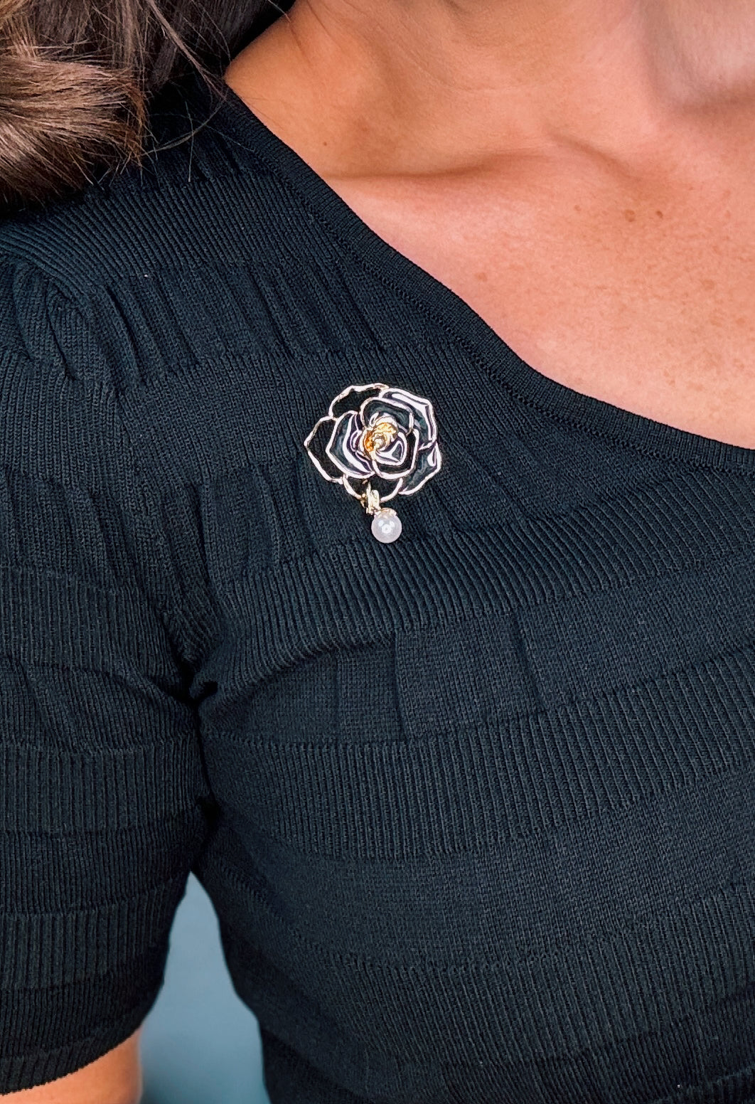 CHANEL Inspired BLACK & GOLD METAL FLOWER BROOCH with pearl droplet