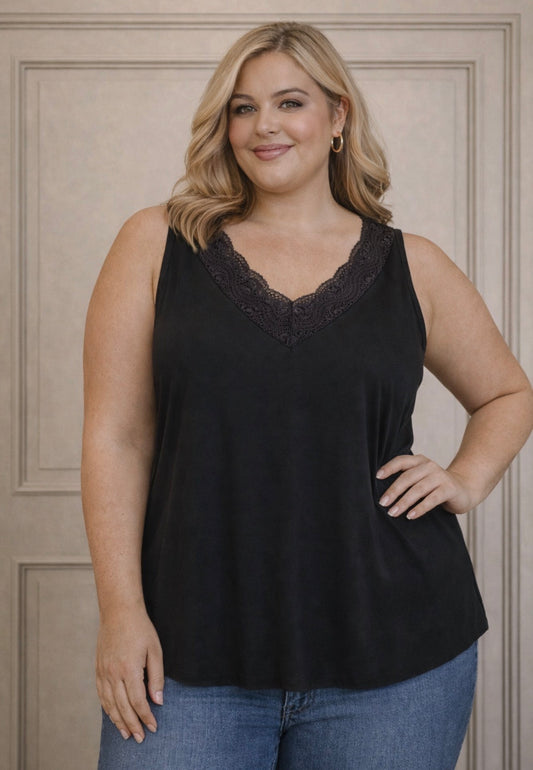 BLACK PLUS SIZE LACE TRIM VEST TOP