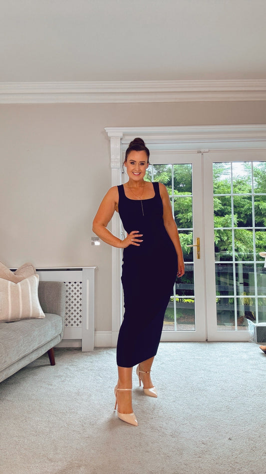 NAVY RIBBED FITTED ROCK DRESS