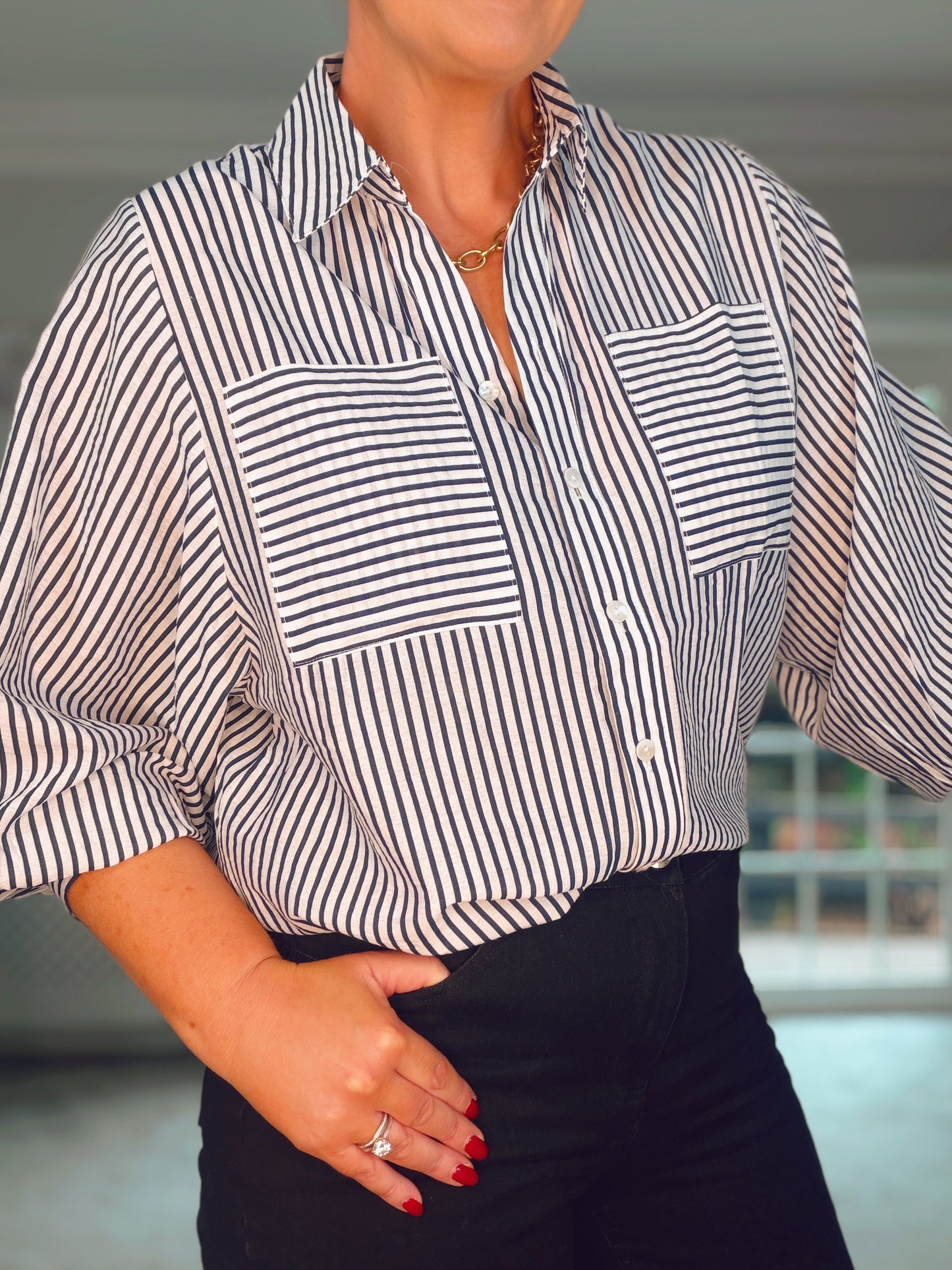NAVY STRIPE OVER SIZED SHIRT