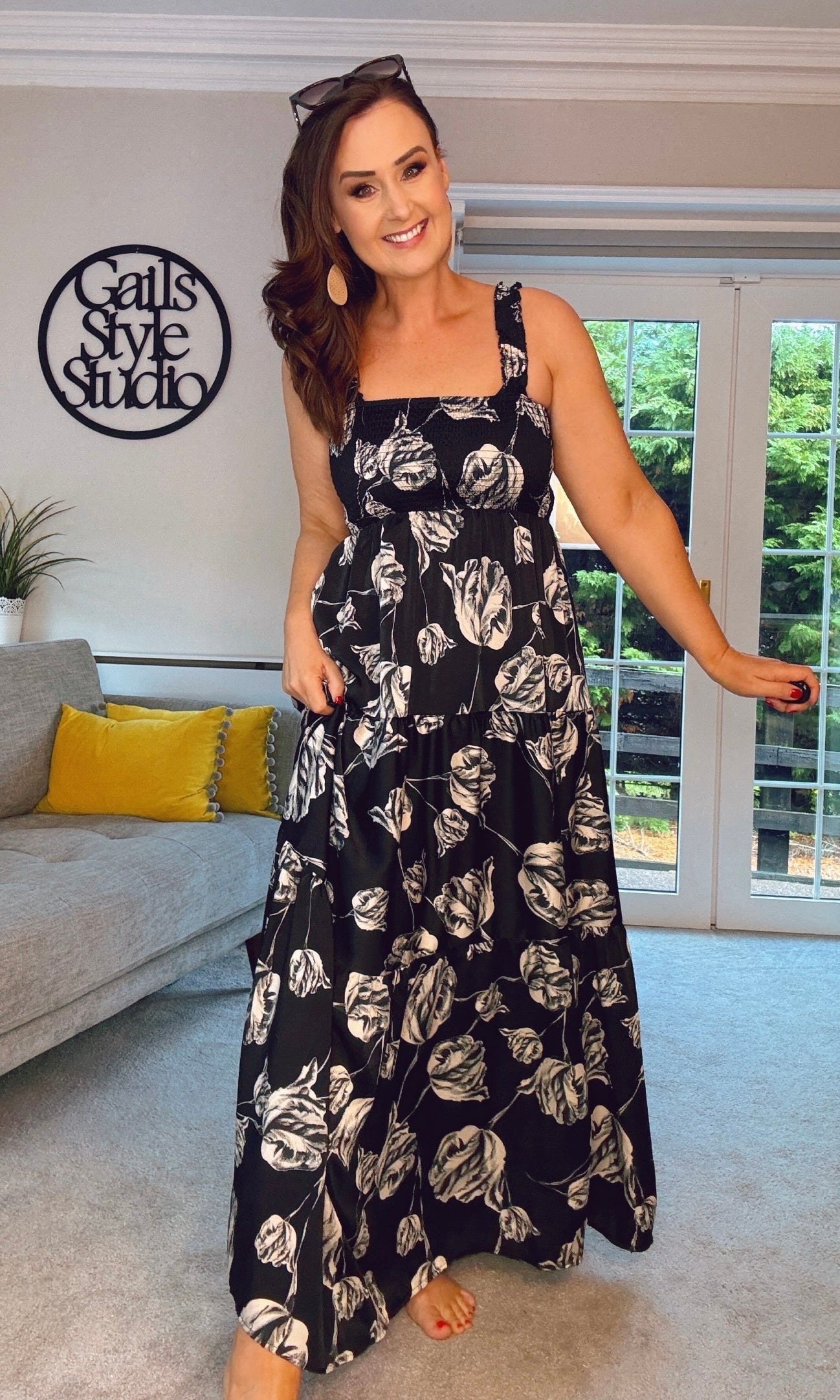 BLACK & GREY LUSA FLORAL SMOCKED MAXI SUMMER DRESS