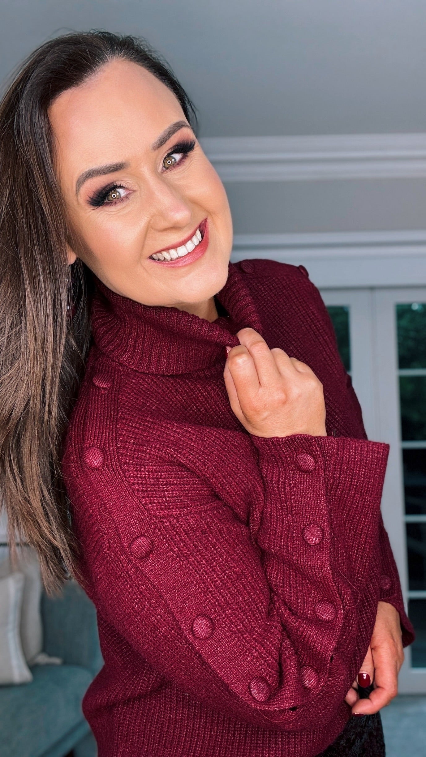 BURGUNDY CHUNKY KNIT with ARM BUTTON DETAIL