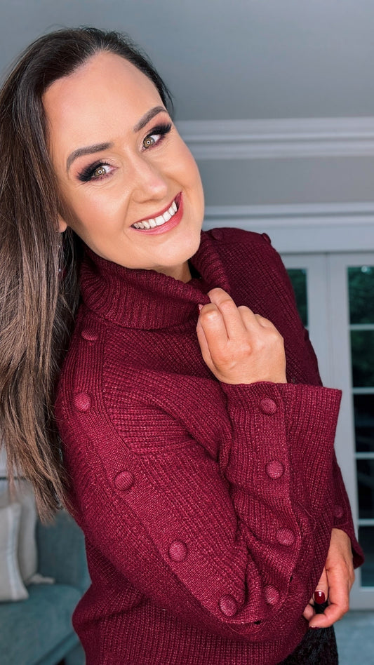 BURGUNDY CHUNKY KNIT with ARM BUTTON DETAIL