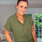 KHAKI STRETCH SHORT SLEEVE TIE KNOT BLOUSE