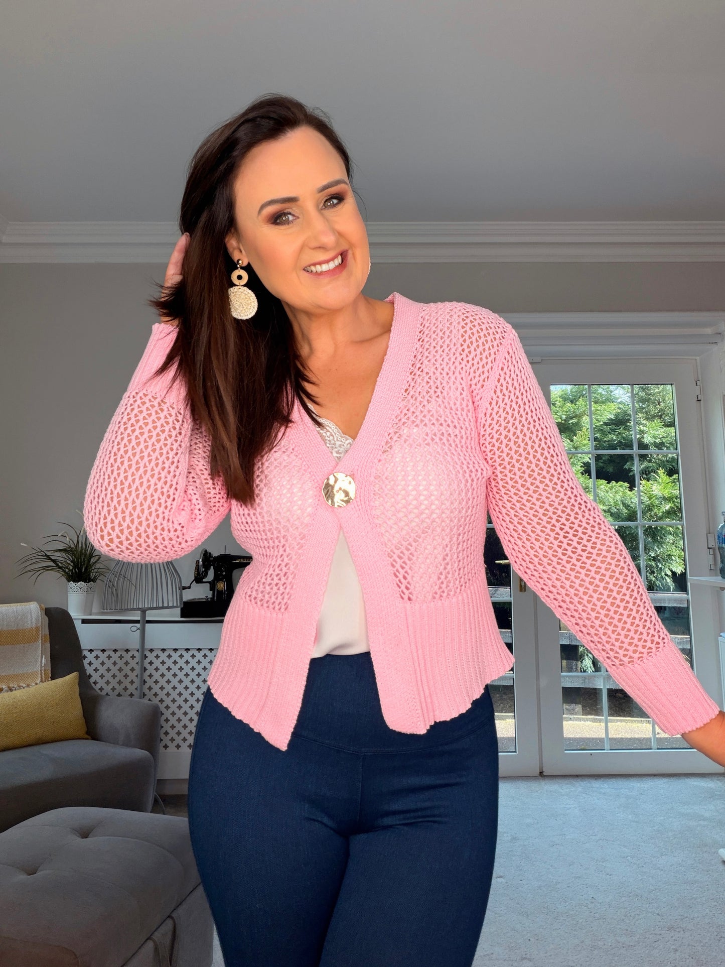 PINK CROCHET CARDIGANT WITH GOLD BUTTON