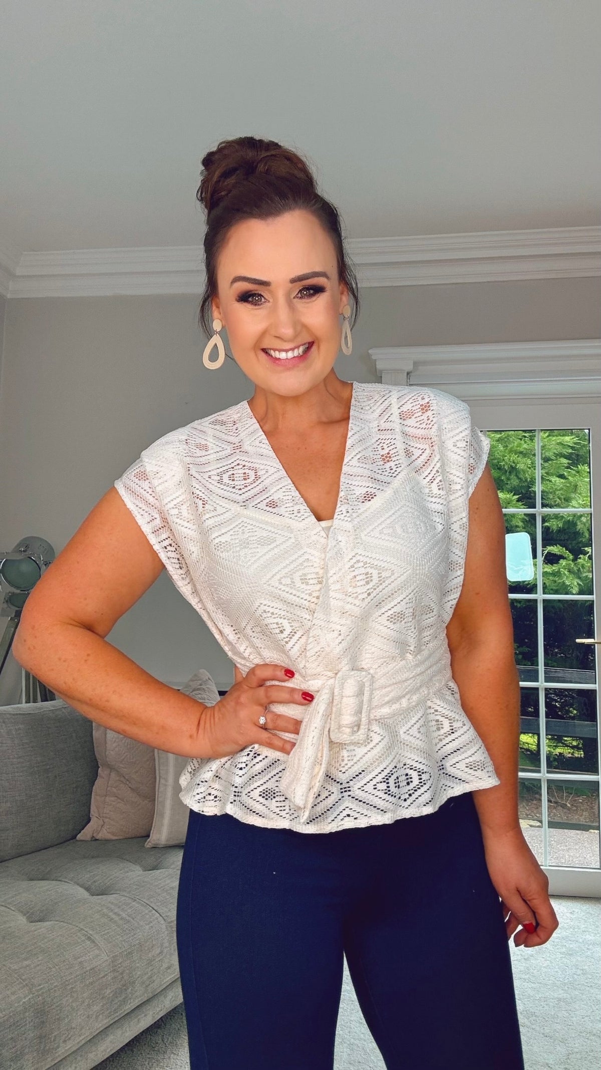 CREAM LACE PEPLUM TOP with belt