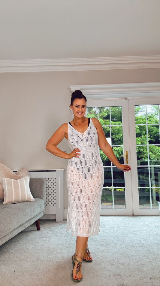 WHITE CROCHET MIDI SUN DRESS