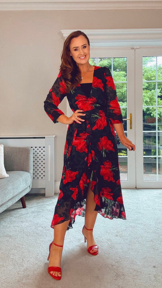 BLACK POPPY WRAP MIDI DRESS
