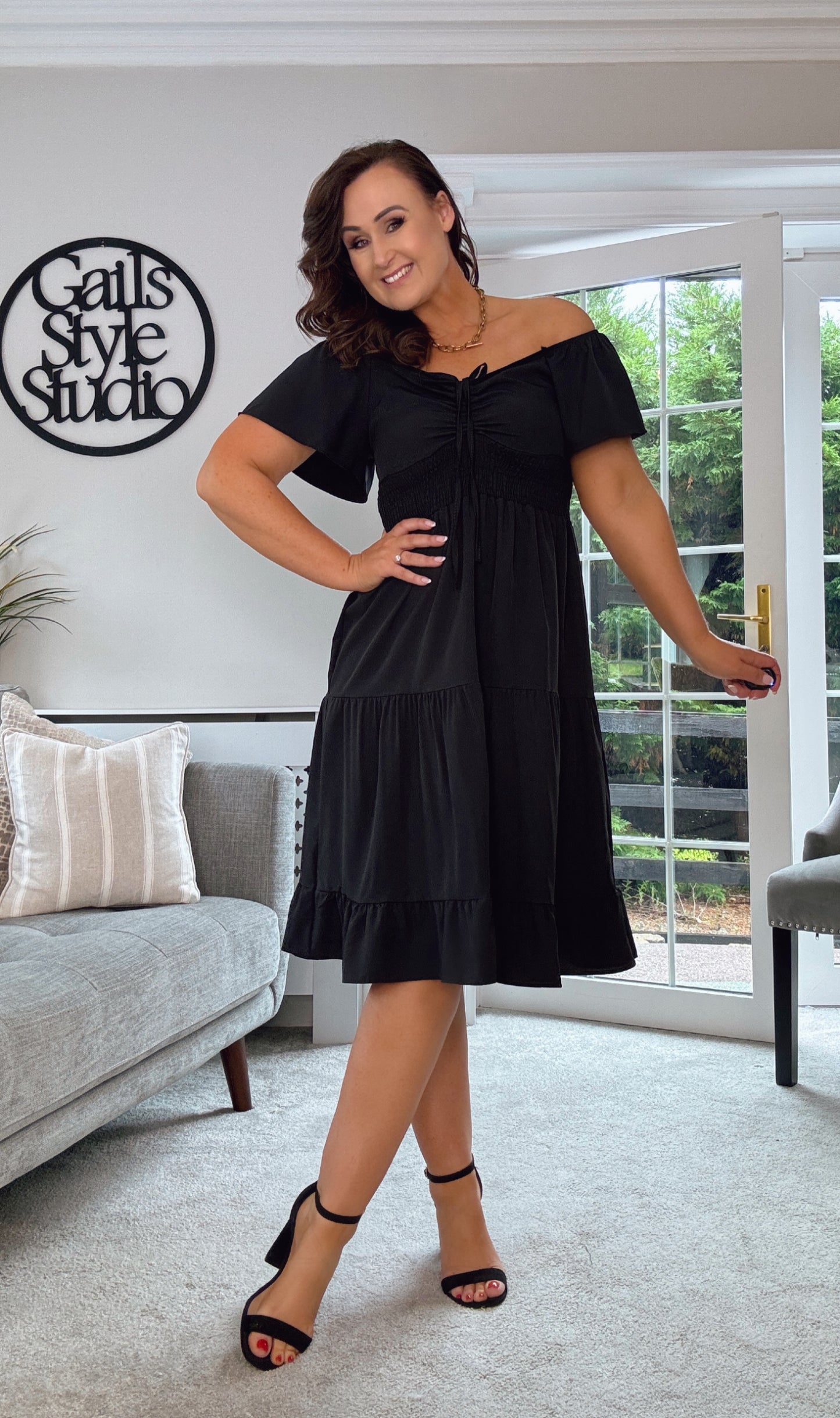 BLACK OFF SHOULDER SMOCK WAIST SHORT FRILL DRESS