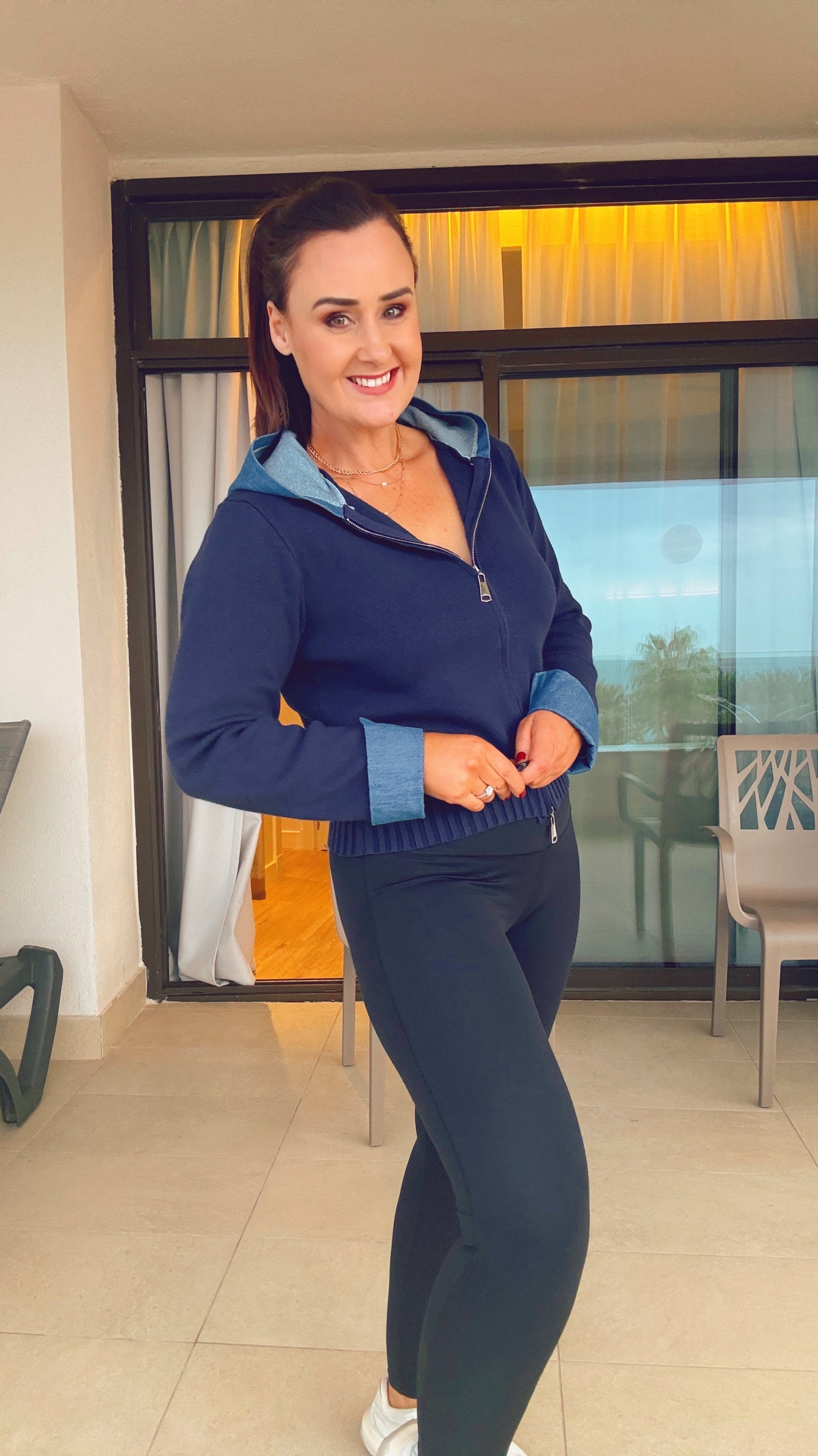 NAVY ZIP TOP with DENIM HOOD