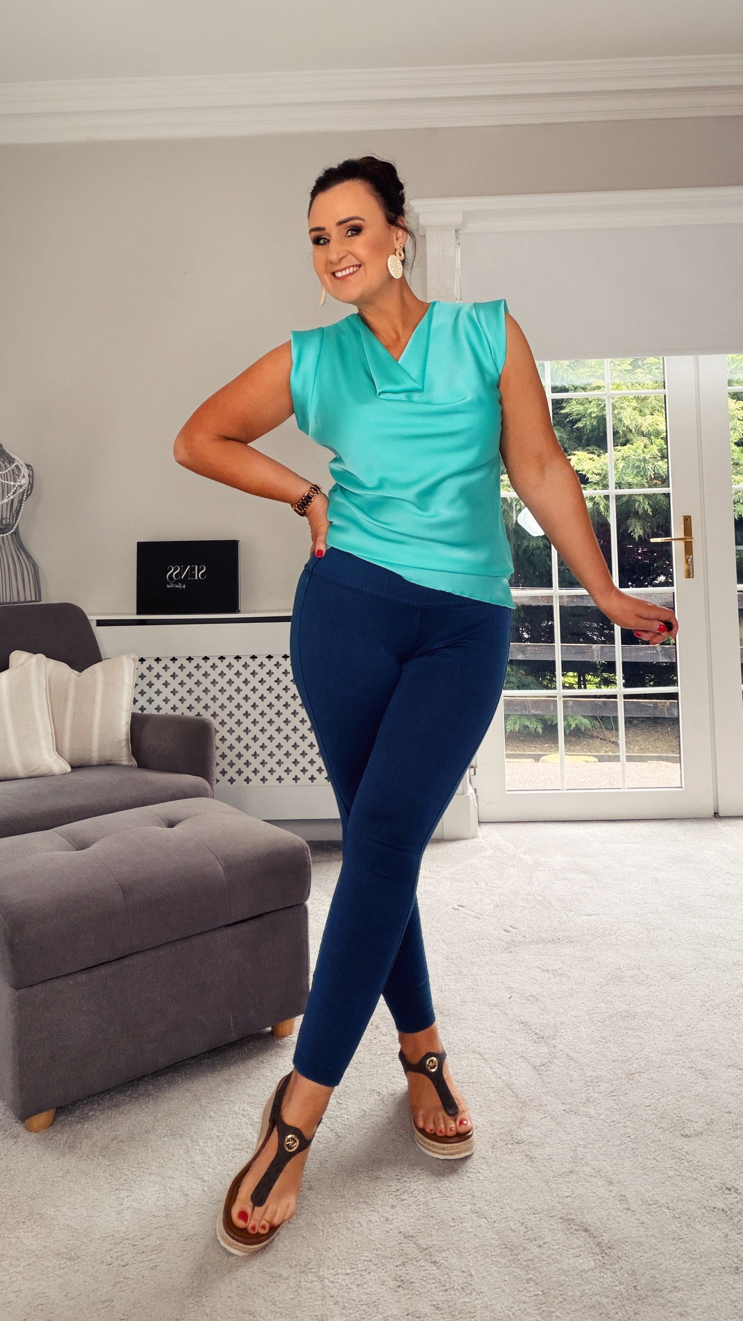 AQUA COWL NECK SLEEVELESS BLOUSE
