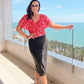 RED & PINK PATTERN GATHERED TOP