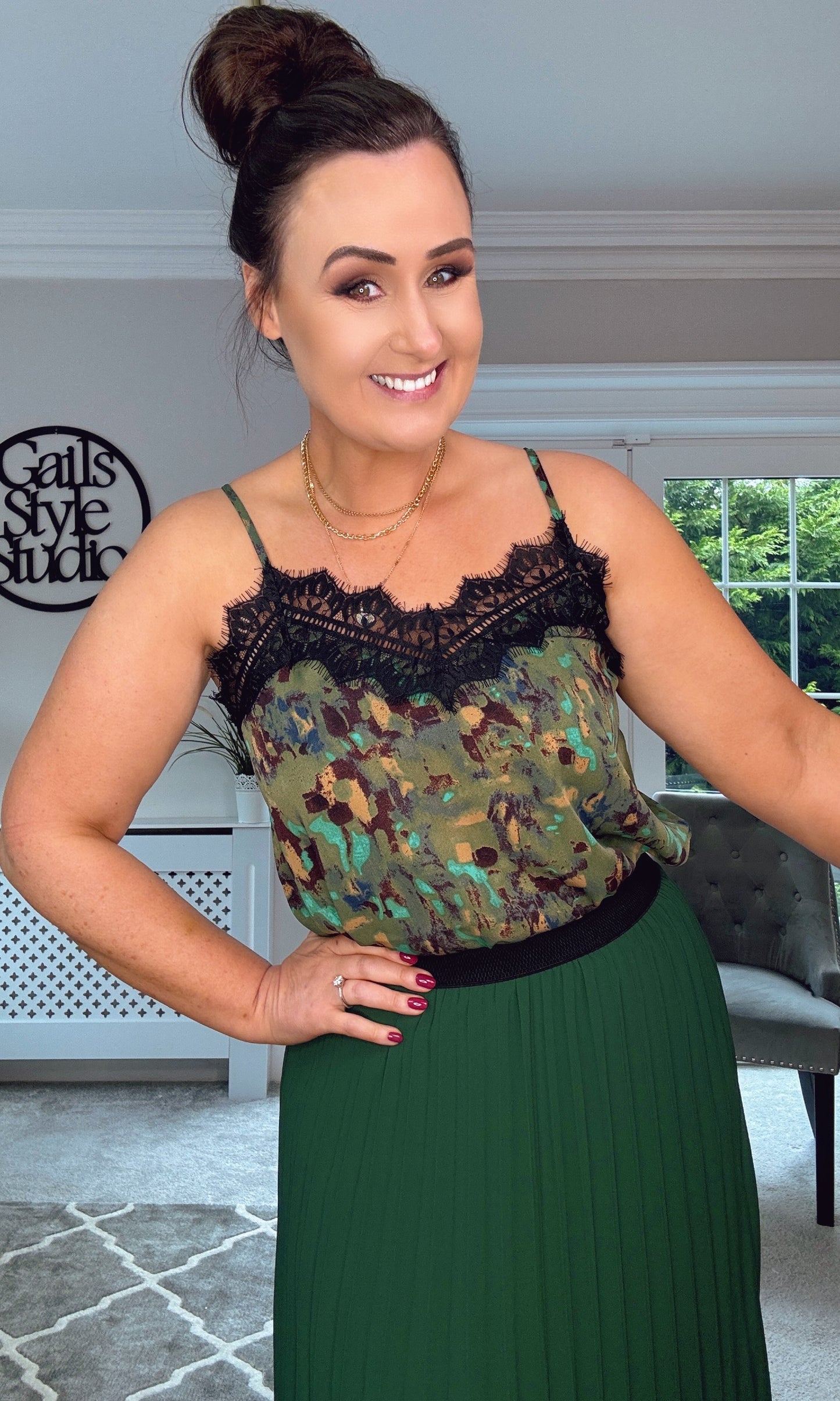 Green Leopard Print Lace Cami Top