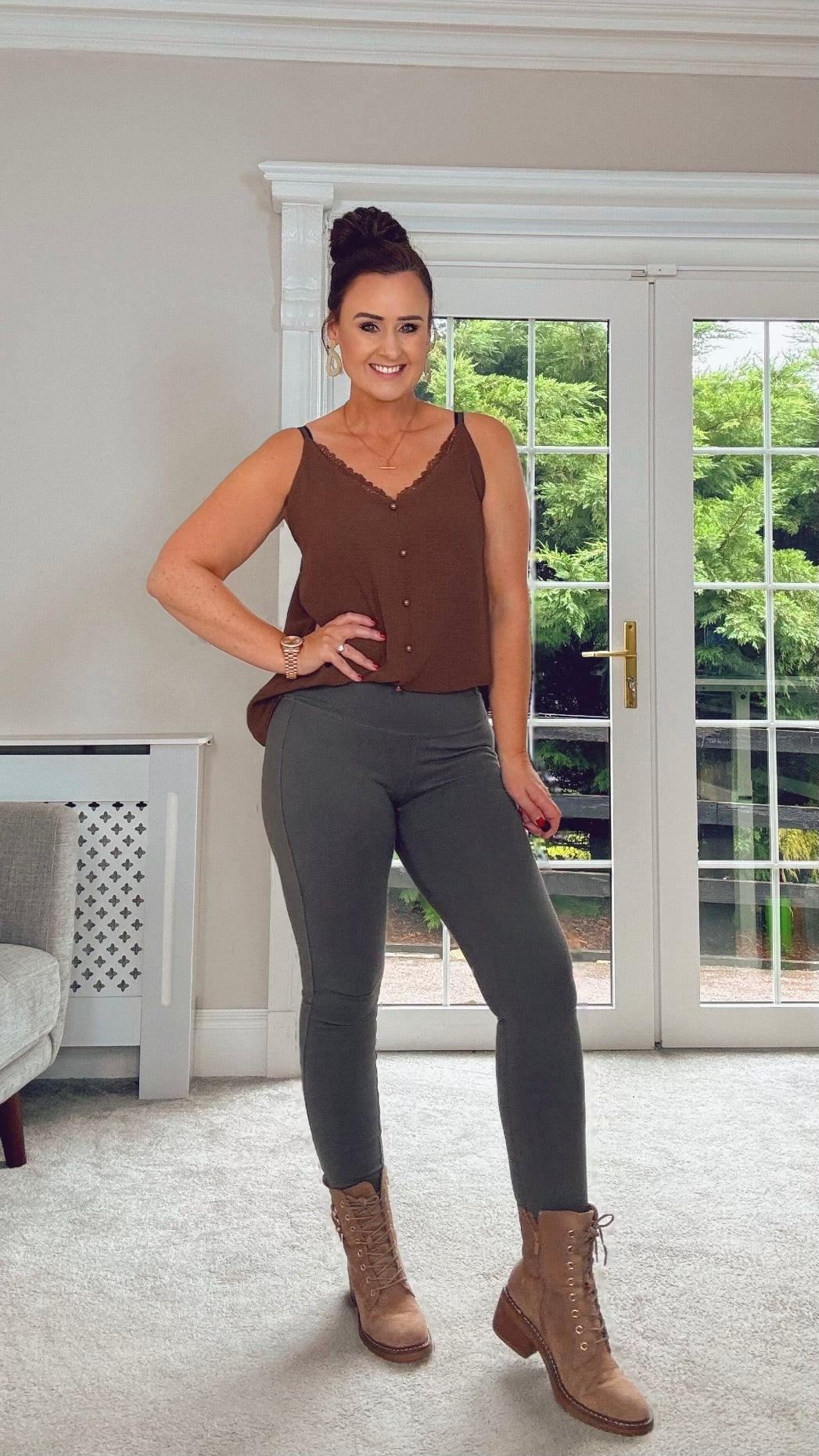 BROWN CURVE BUTTON CAMI