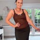 BROWN RIBBED STRETCH VEST TOP with ribbon