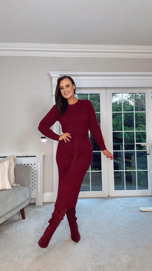 BURGUNDY LONG JUMPER DRESS with belt