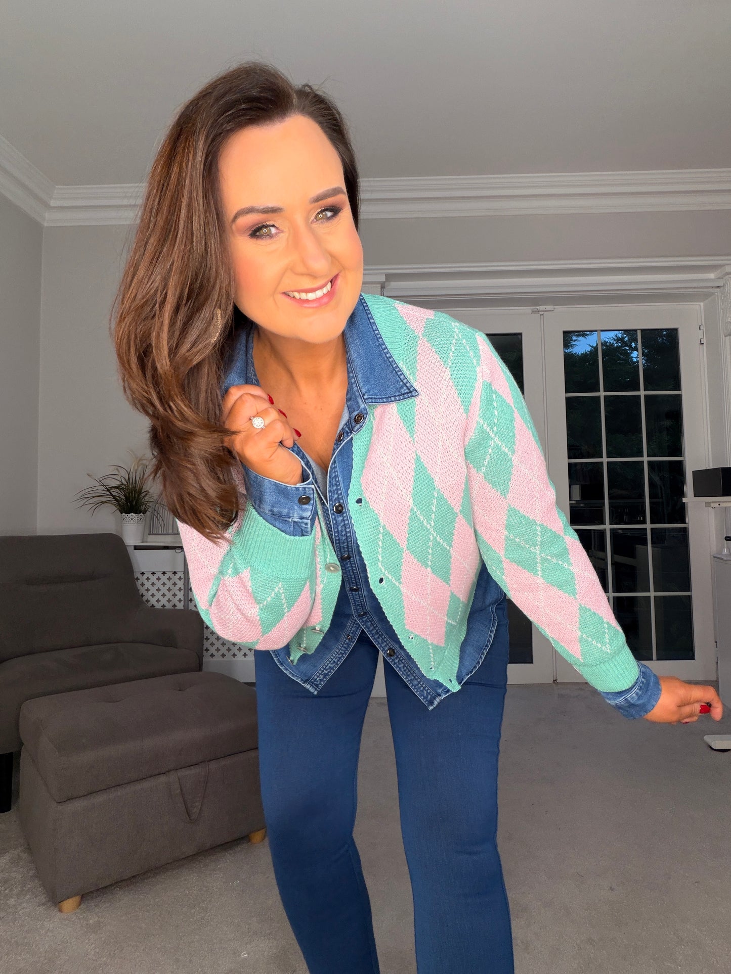 TURQUOISE & PINK CHECK CARDIGAN