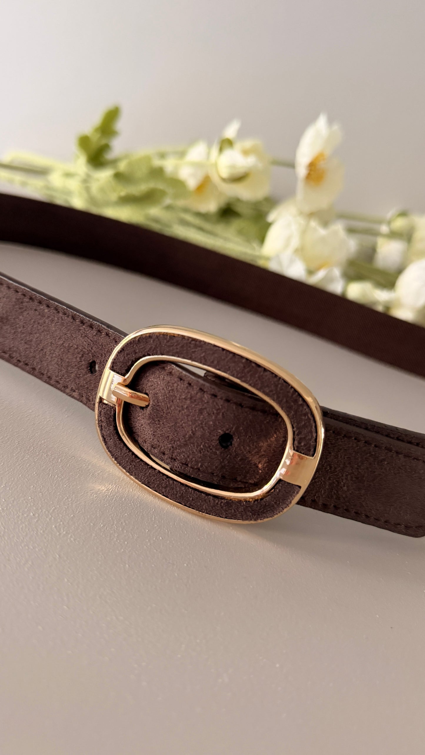 NARROW BROWN STRETCH BELT with gold buckle