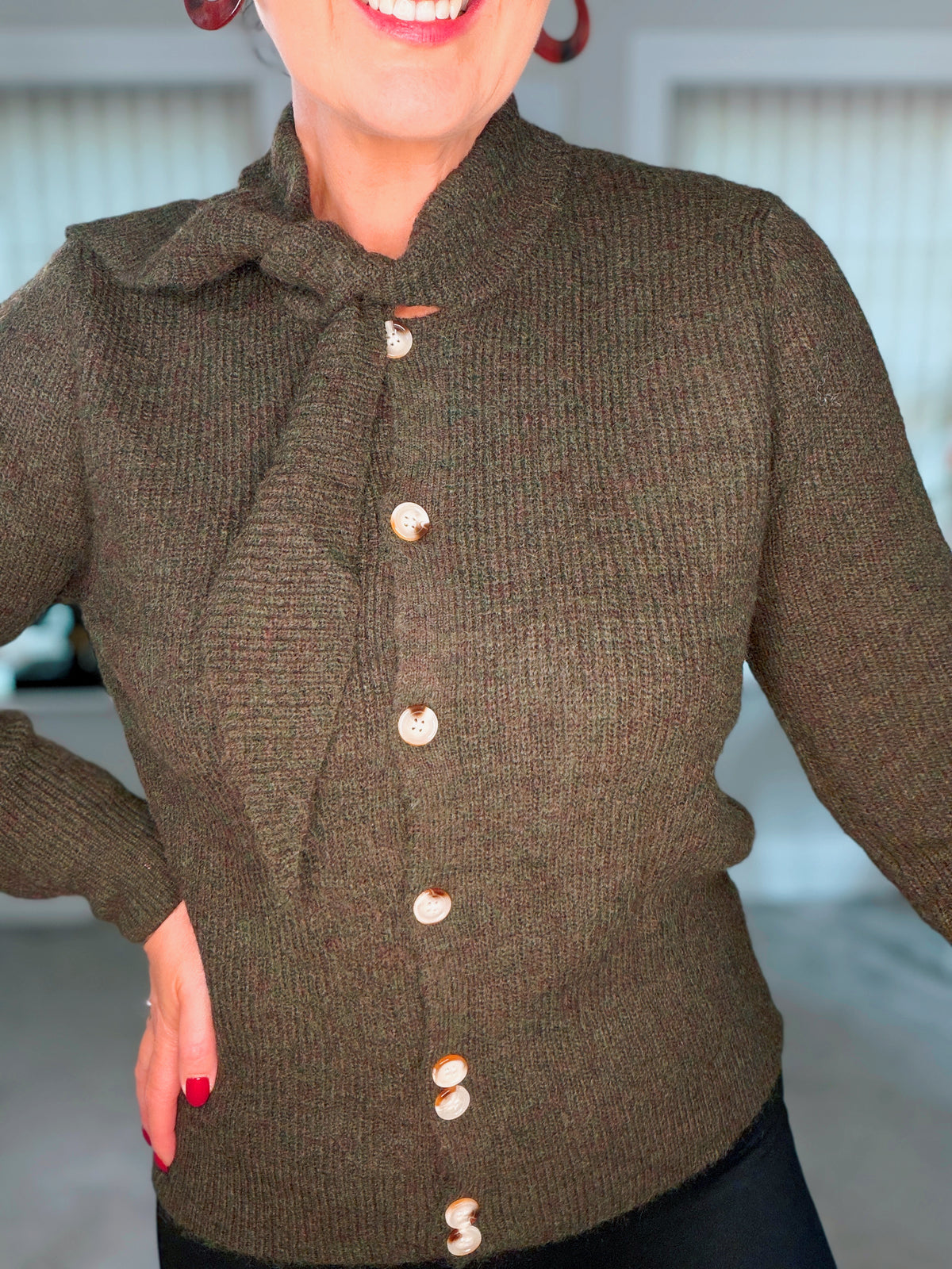 KHAKI GREEN CARDIGAN with attached scarf