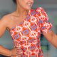 ORANGE & BLUE PATTERN ONE SHOULDER DRESS