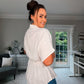 WHITE 100% LINEN BUTTON BATWING BELTED SHIRT