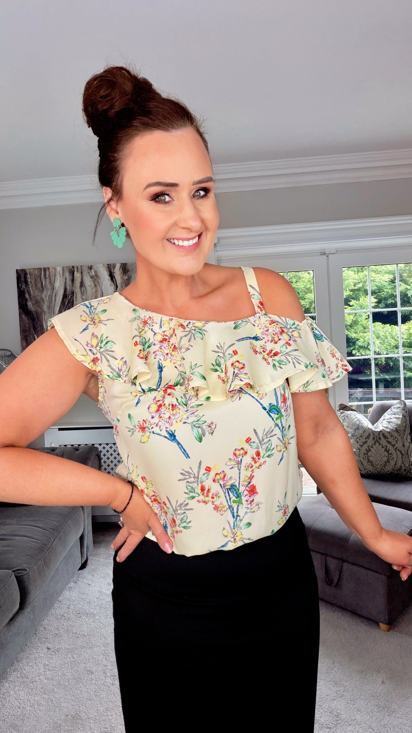 CREAM FLORAL ONE SHOULDER FRILL DETAIL BODYSUIT