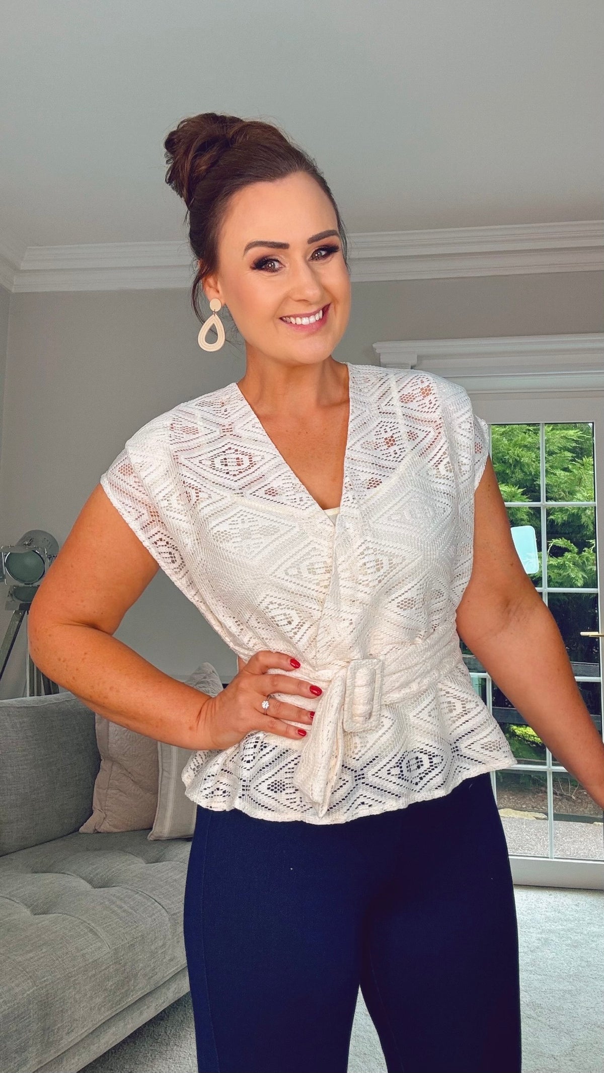 CREAM LACE PEPLUM TOP with belt