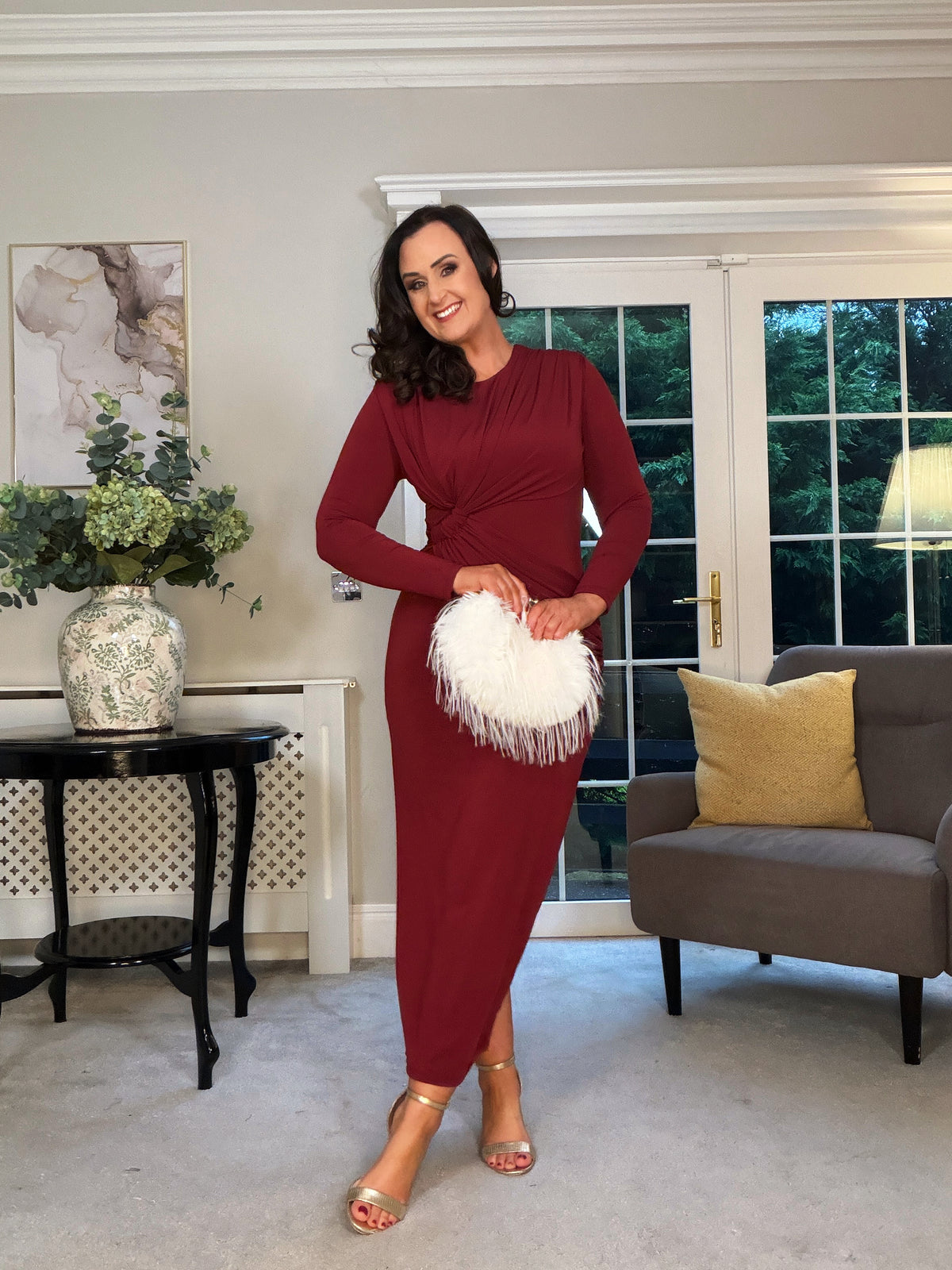 BURGUNDY STRETCH DRAPE DRESS