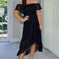 BLACK HIGH LOW HEM SPECIAL OCCASION OFF SHOULDER LACE DRESS