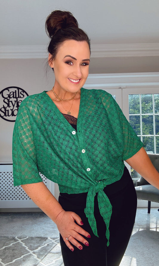 GREEN TIE KNOT LACE BATWING TOP