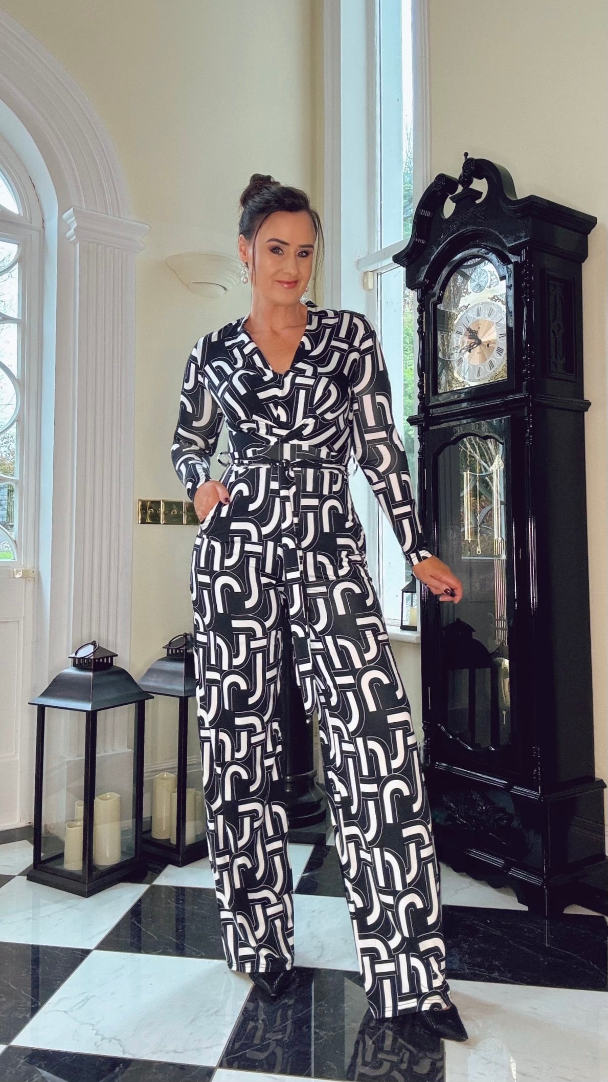 MONOCHROME GEOMETRIC PRINT JUMPSUIT
