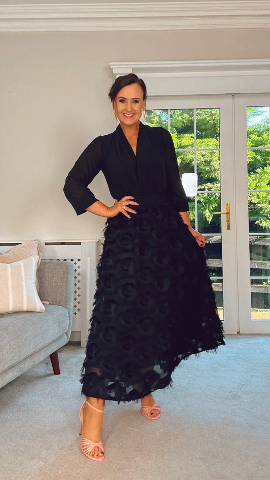 BLACK FRINGE / FEATHER MAXI SKIRT