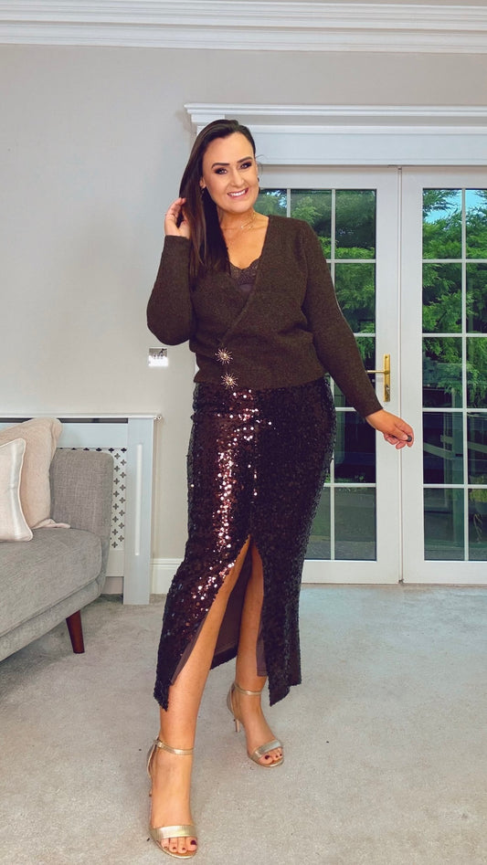 BROWN SEQUENCE MIDI STRETCH SKIRT