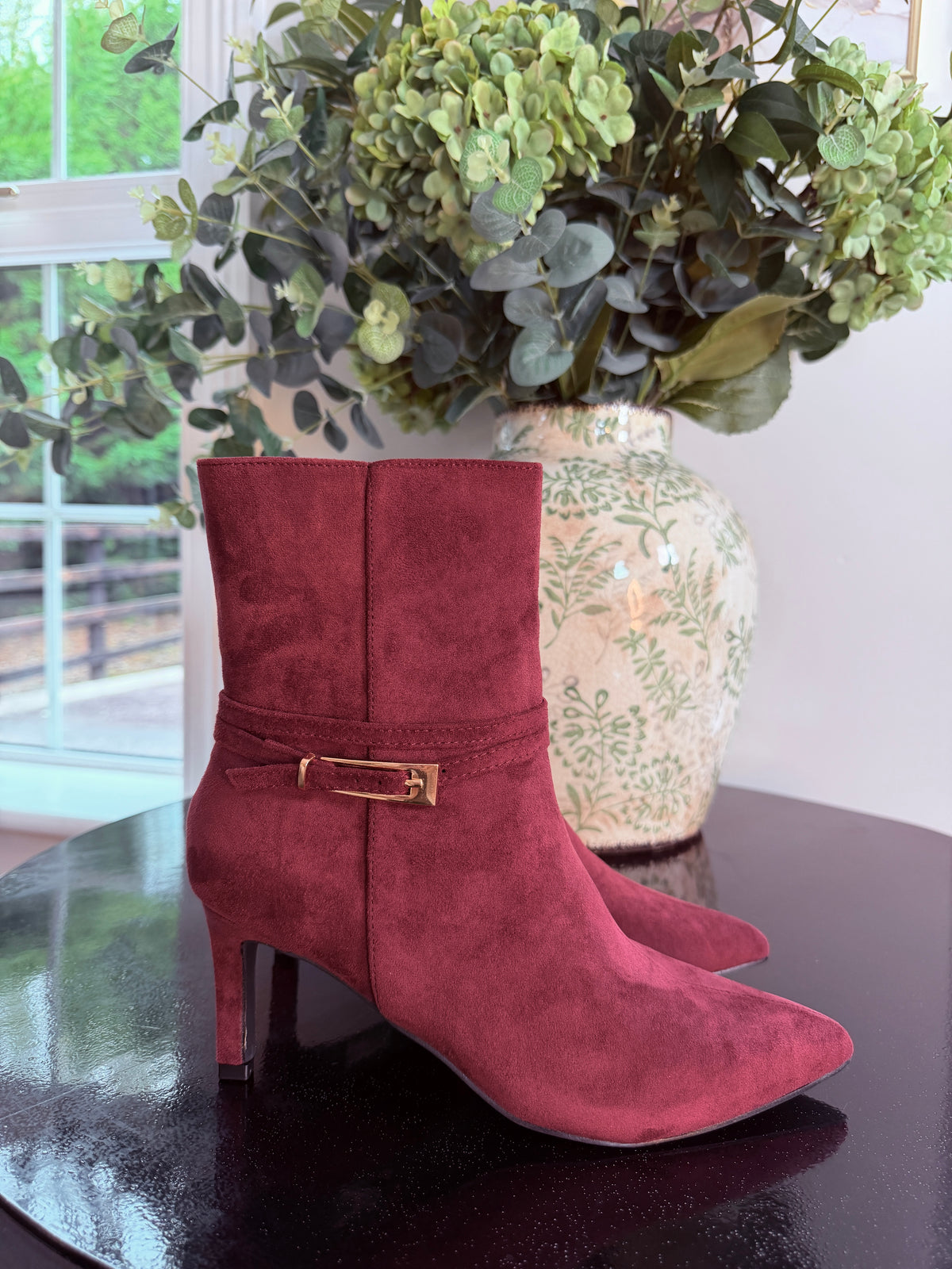 BURGUNDY BUCKLE ANKLE BOOTS