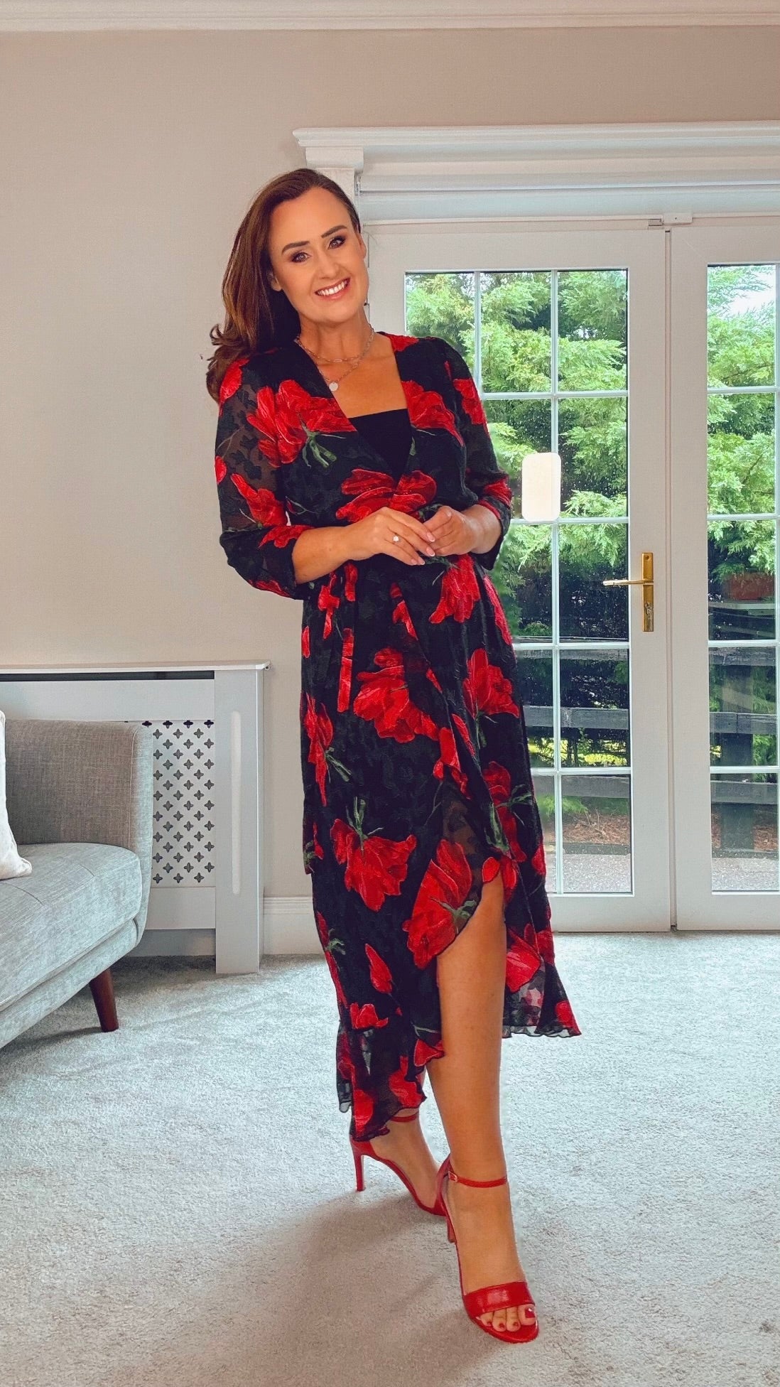 BLACK POPPY WRAP MIDI DRESS