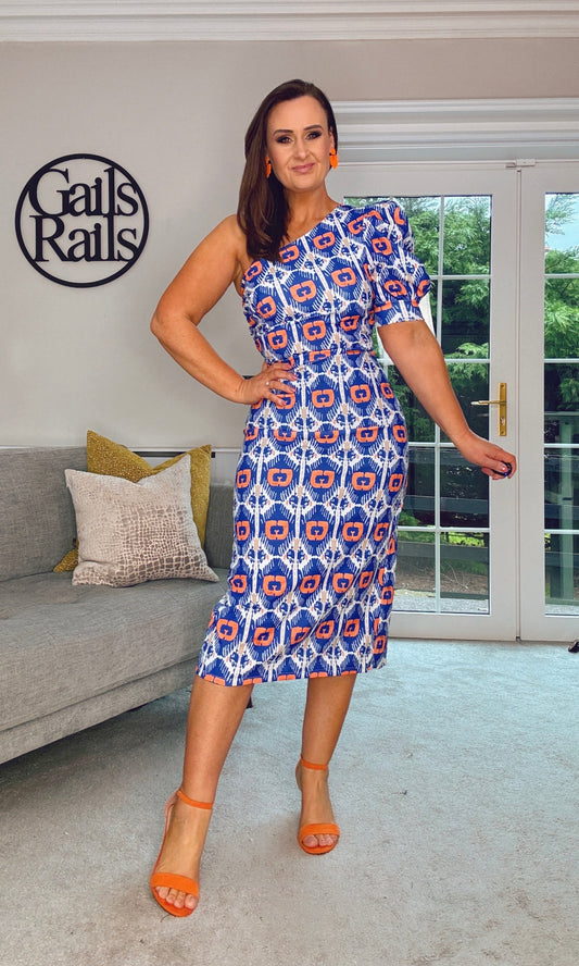 BLUE & ORANGE PATTERN ONE SHOULDER DRESS