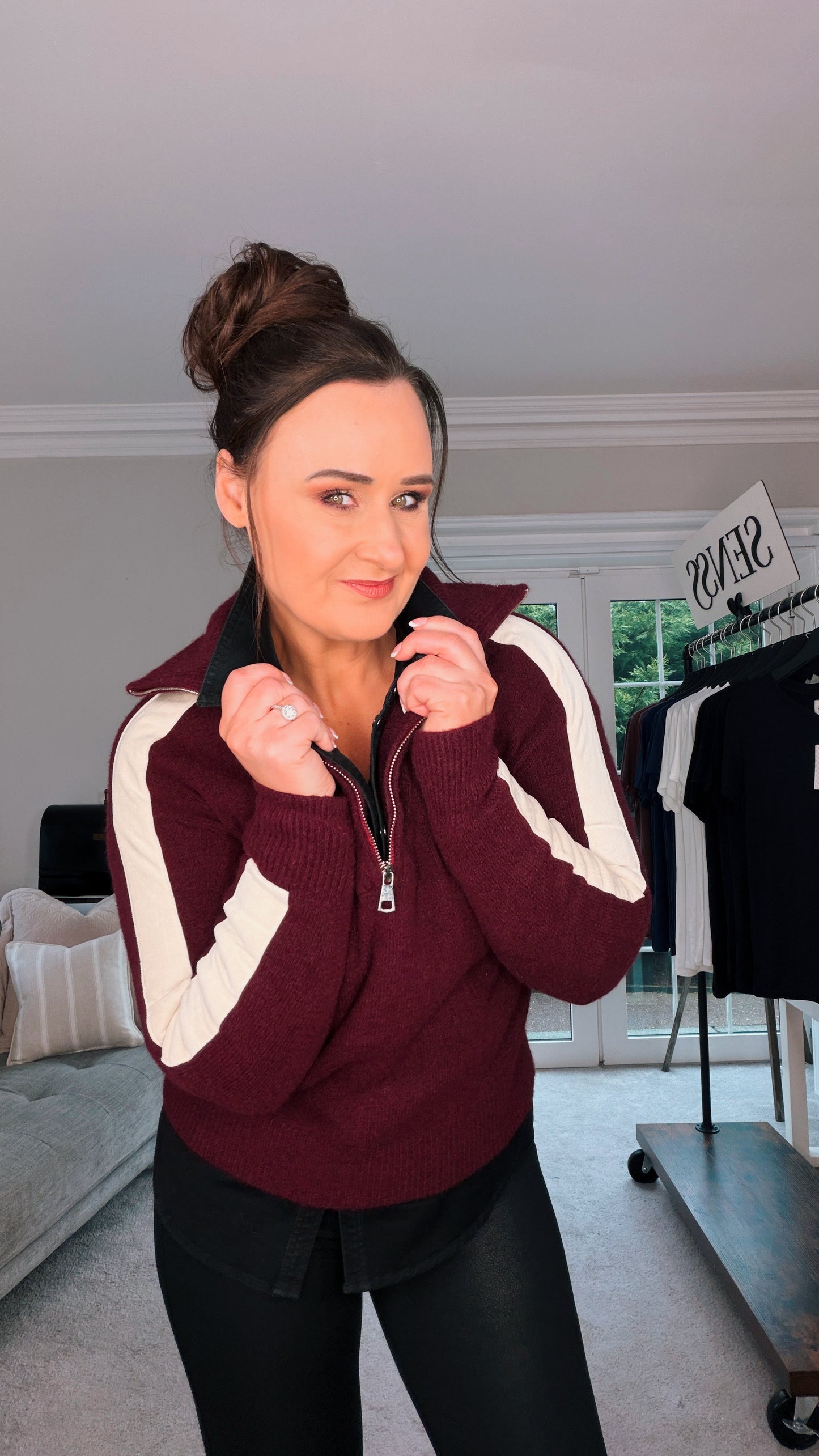 MAROON HALF ZIP JUMPER with sleeve stripe