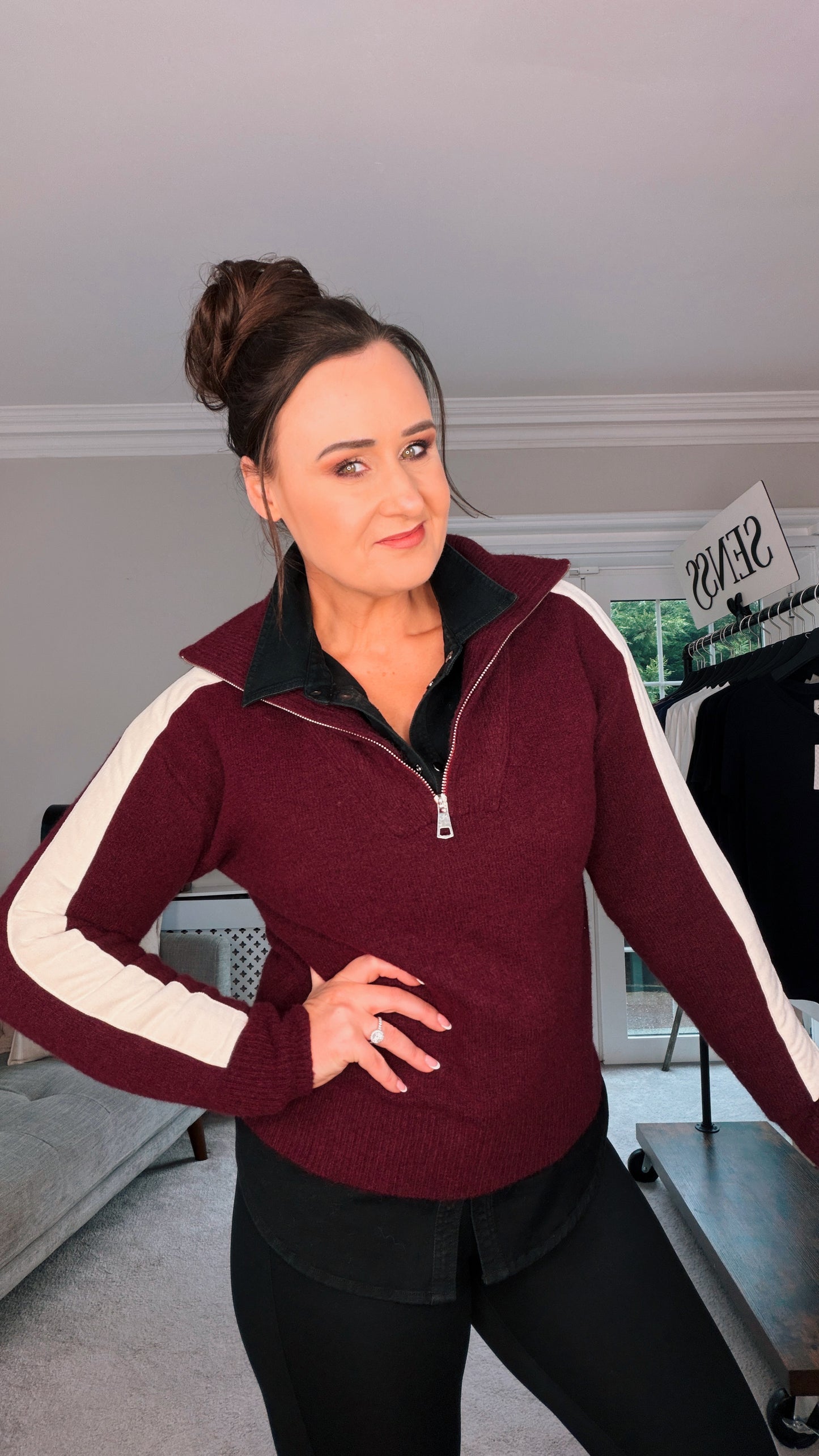 MAROON HALF ZIP JUMPER with sleeve stripe